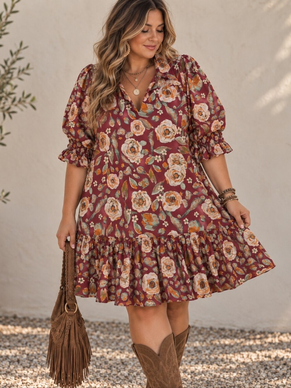 Umgee Womens Mixed Floral Collared Boho Midi Dress 3/4 Sleeve Large Maroon